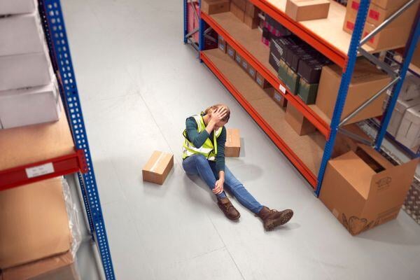 Injured warehouse worker by falling boxes